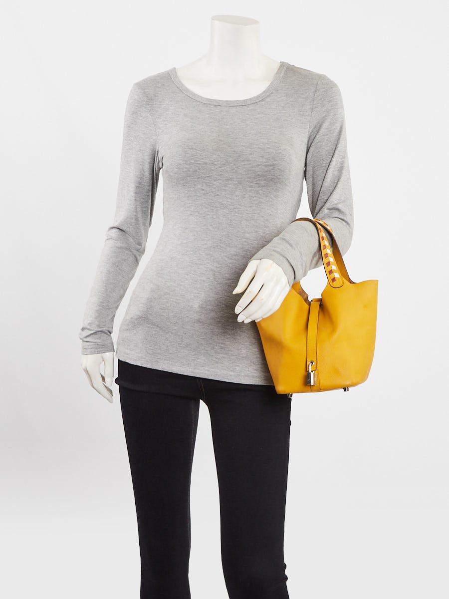 Hermes Jaune Ambre/Brique/White Epsom Leather Tressage De Cuir Picotin Bag