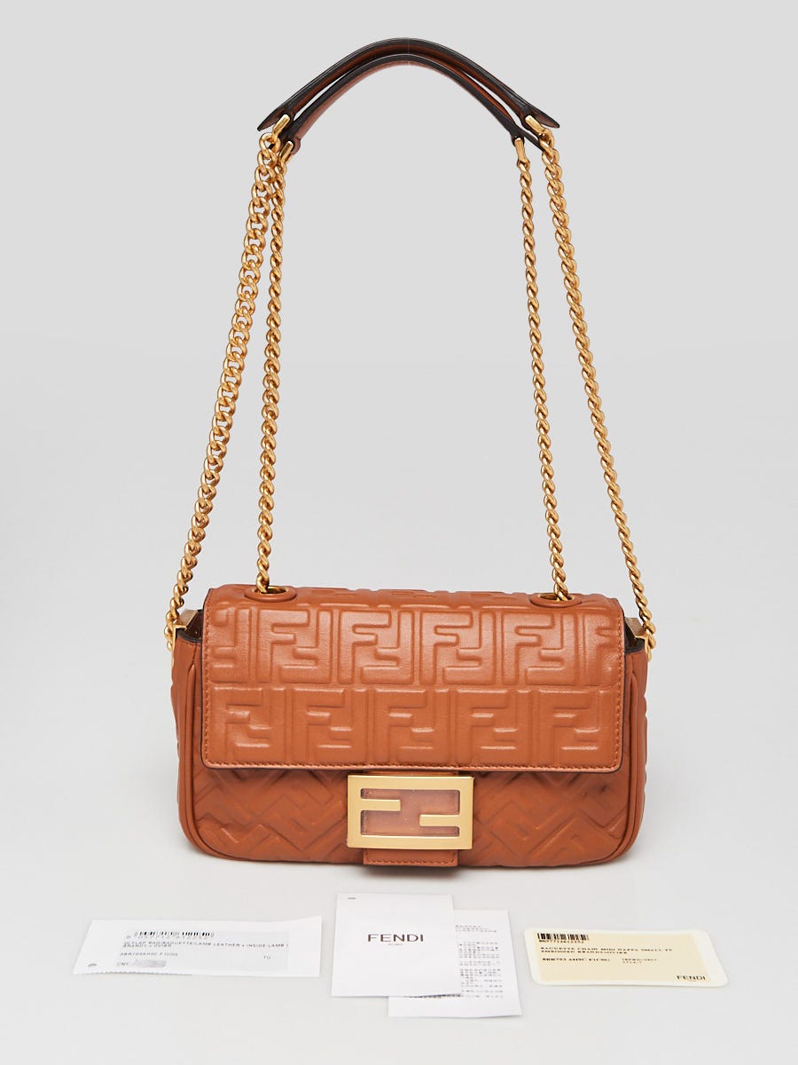Fendi Brandy FF Embossed Leather Midi Baguette Chain Crossbody Bag