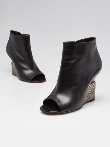 Chanel Black Lambskin Leather Peep Toe Pearl Zip Ankle Wedge Booties Size 7/37.5