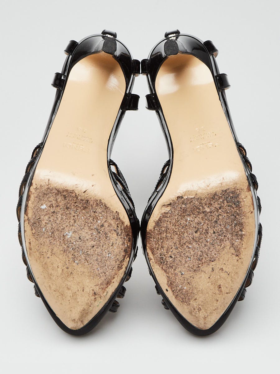 Fendi Black Patent Leather Platform T-Strap Sandals Size 5.5/36