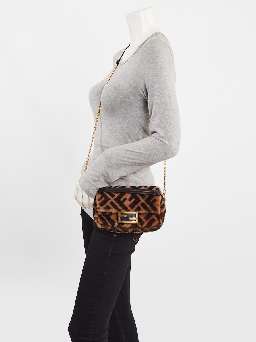 Fendi Tan/Black Shearling Macro FF 1974 Diagonal Mini Baguette Crossbody Bag 8BS017