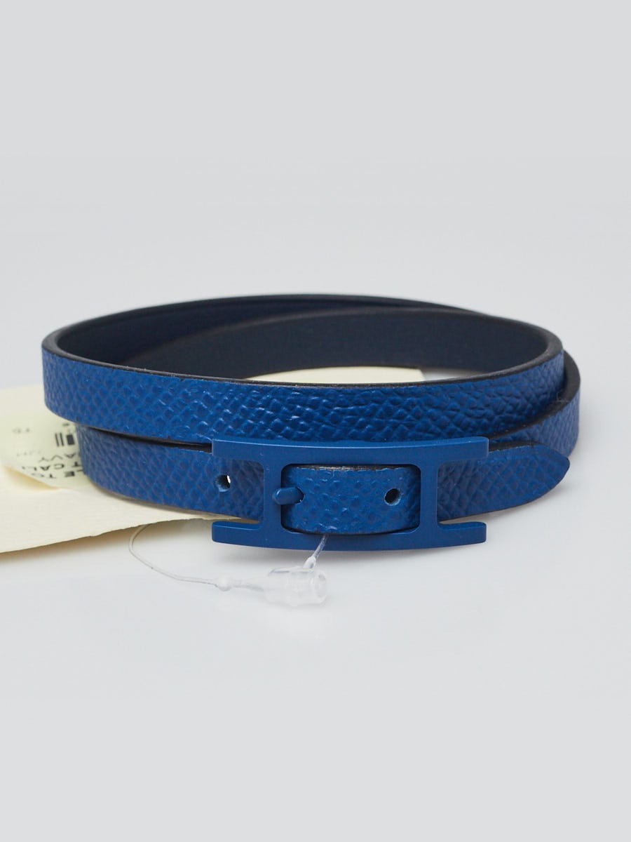 Hermes Bleu France Epsom and Navy Swift Leather Behapi Double Tour Bracelet Size T5