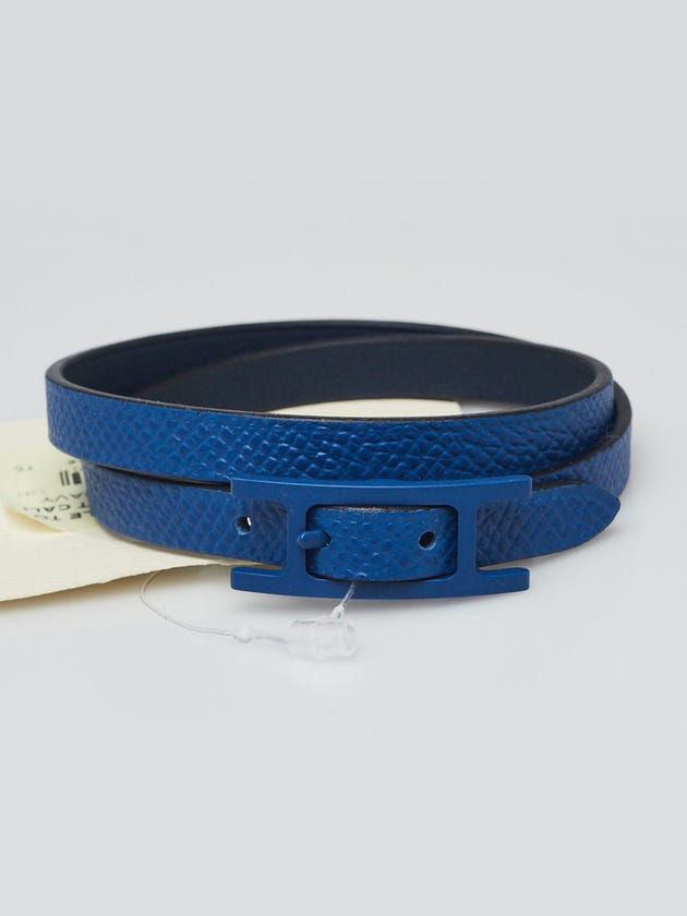 Hermes Bleu France Epsom and Navy Swift Leather Behapi Double Tour Bracelet Size T5