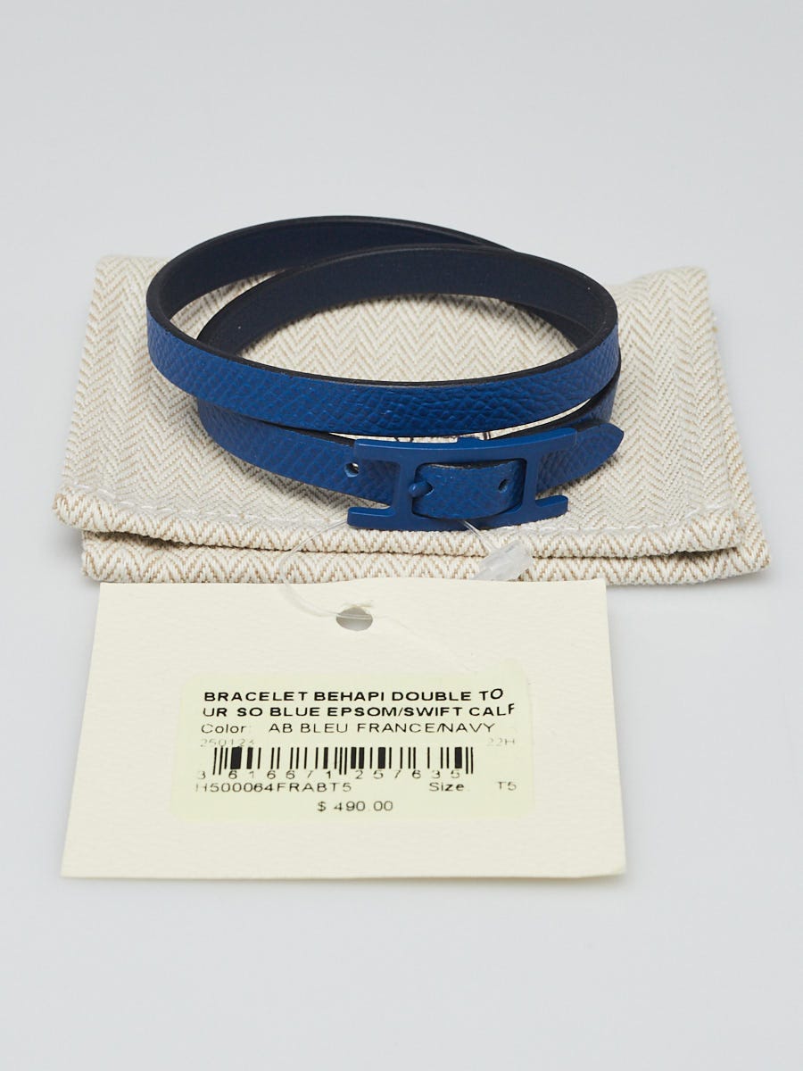 Hermes Bleu France Epsom and Navy Swift Leather Behapi Double Tour Bracelet Size T5