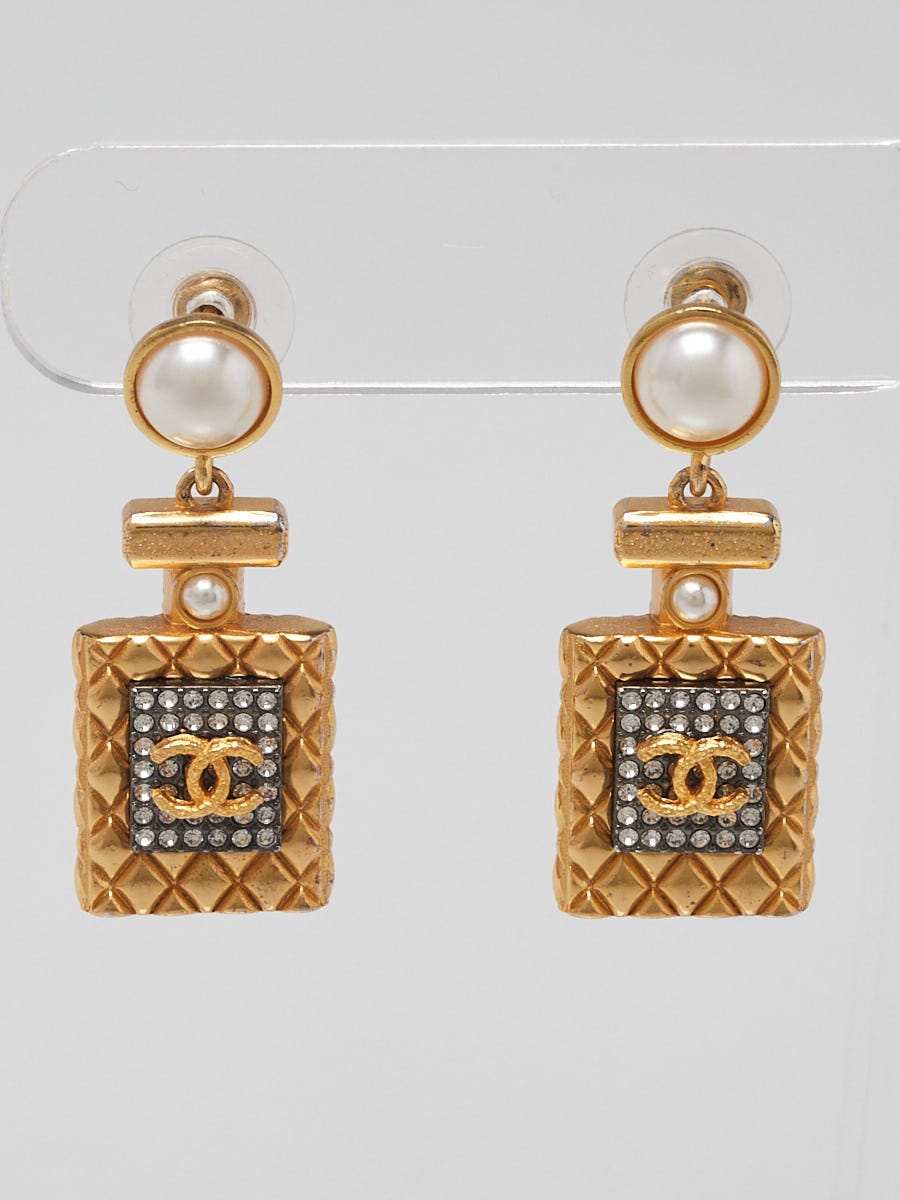 Chanel Goldtone Metal and Faux Pearl Perfume Bottle Drop Earrings
