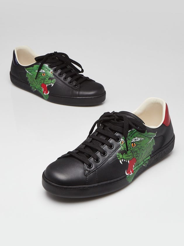 Gucci Black Leather Tiger Printed Ace Sneakers Men's Size 8.5