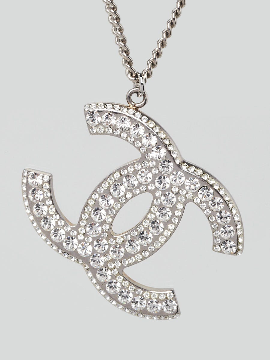 Chanel Silver Metal and Crystal Large CC Logo Pendant Necklace