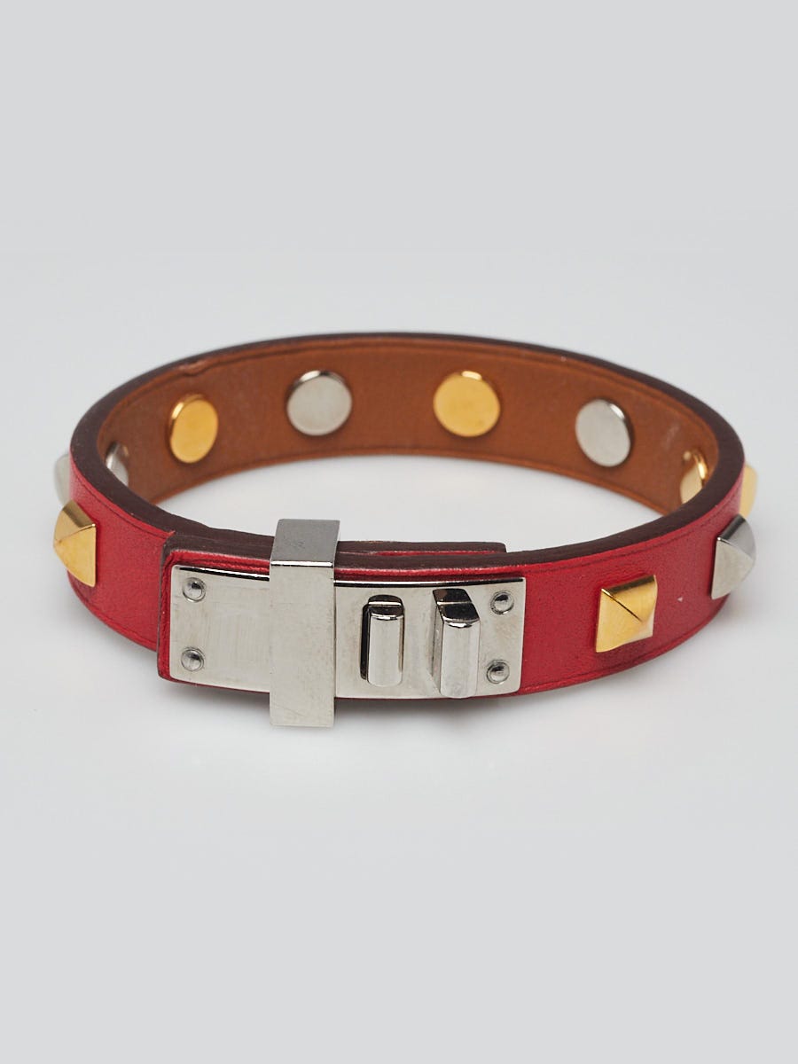 Hermes Rouge Tomate Swift Leather Mini Dog Clous Ronds Bracelet Size T2