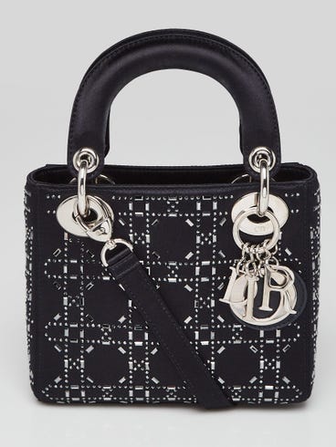 Christian Dior Black Satin and Strass Crystal Cannage Mini Lady Bag