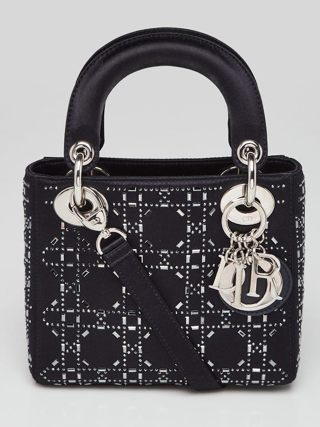 Christian Dior Black Satin and Strass Crystal Cannage Mini Lady Bag