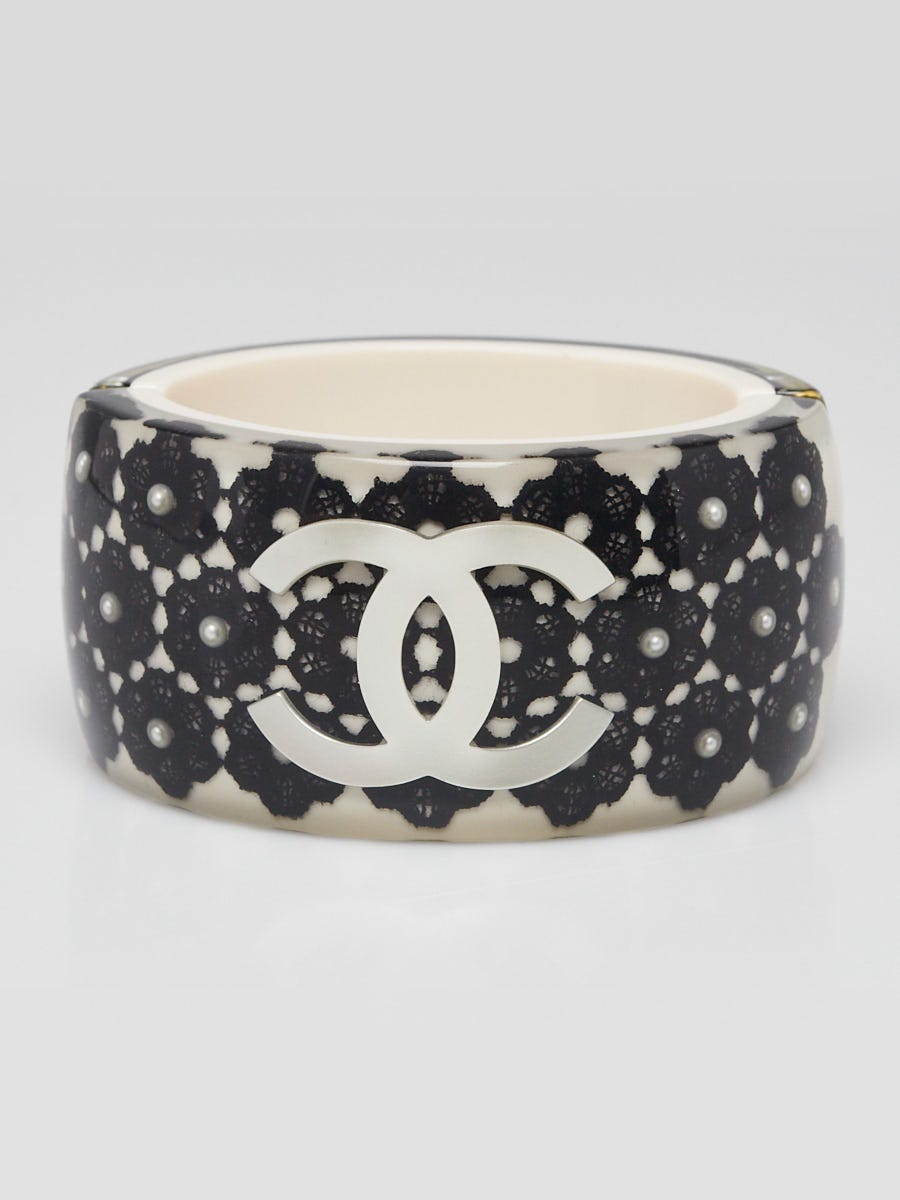 Chanel Black/White Resin and Lace CC Cuff Bracelet
