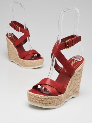 Yves Saint Laurent Arancio Leather Saint Malo Wedge Espadrille Sandals Size 6/36.5