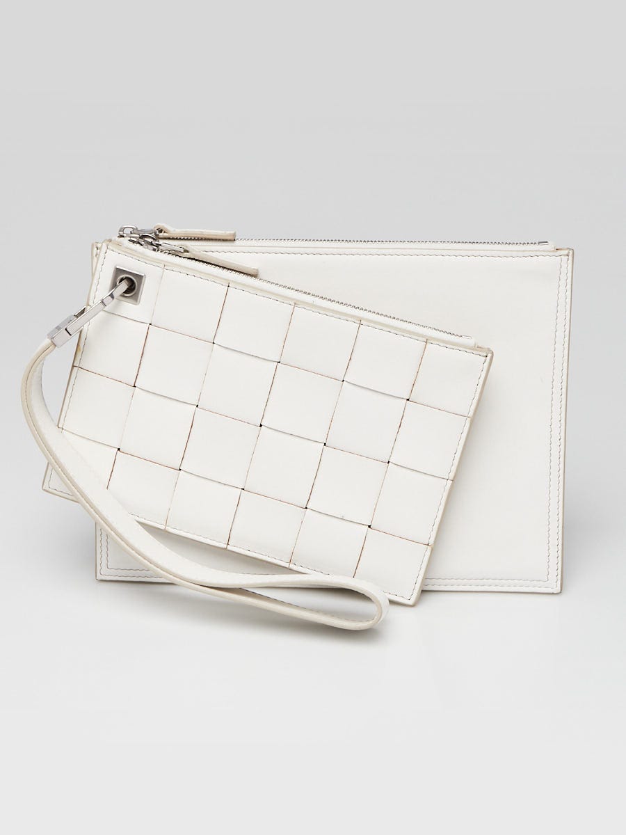 Bottega Veneta White Nappa Leather Maxi Weave Cassette Wristlet Bag