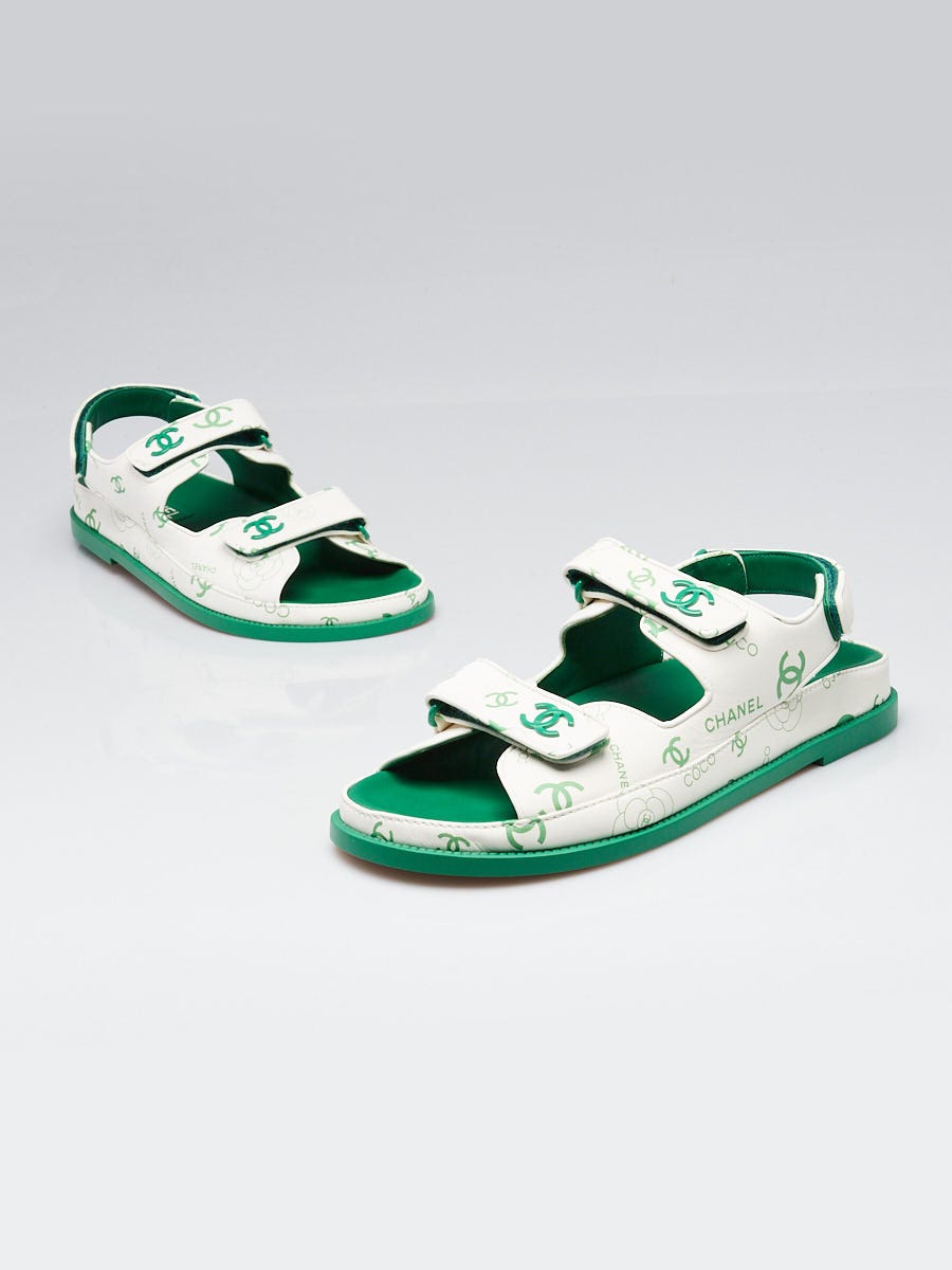 Chanel White/Green CC Printed Leather Dad Sandals Size 11.5/42