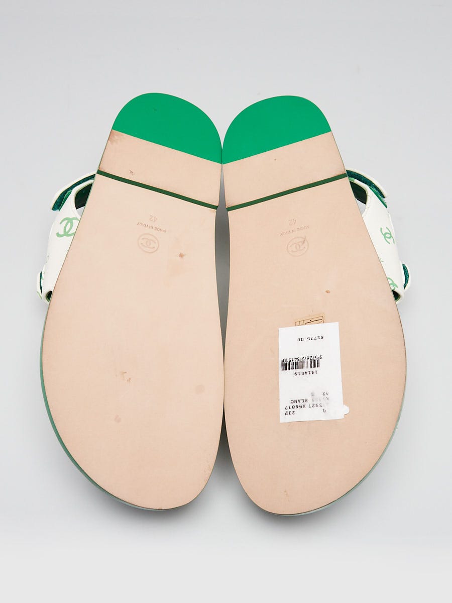 Chanel White/Green CC Printed Leather Dad Sandals Size 11.5/42