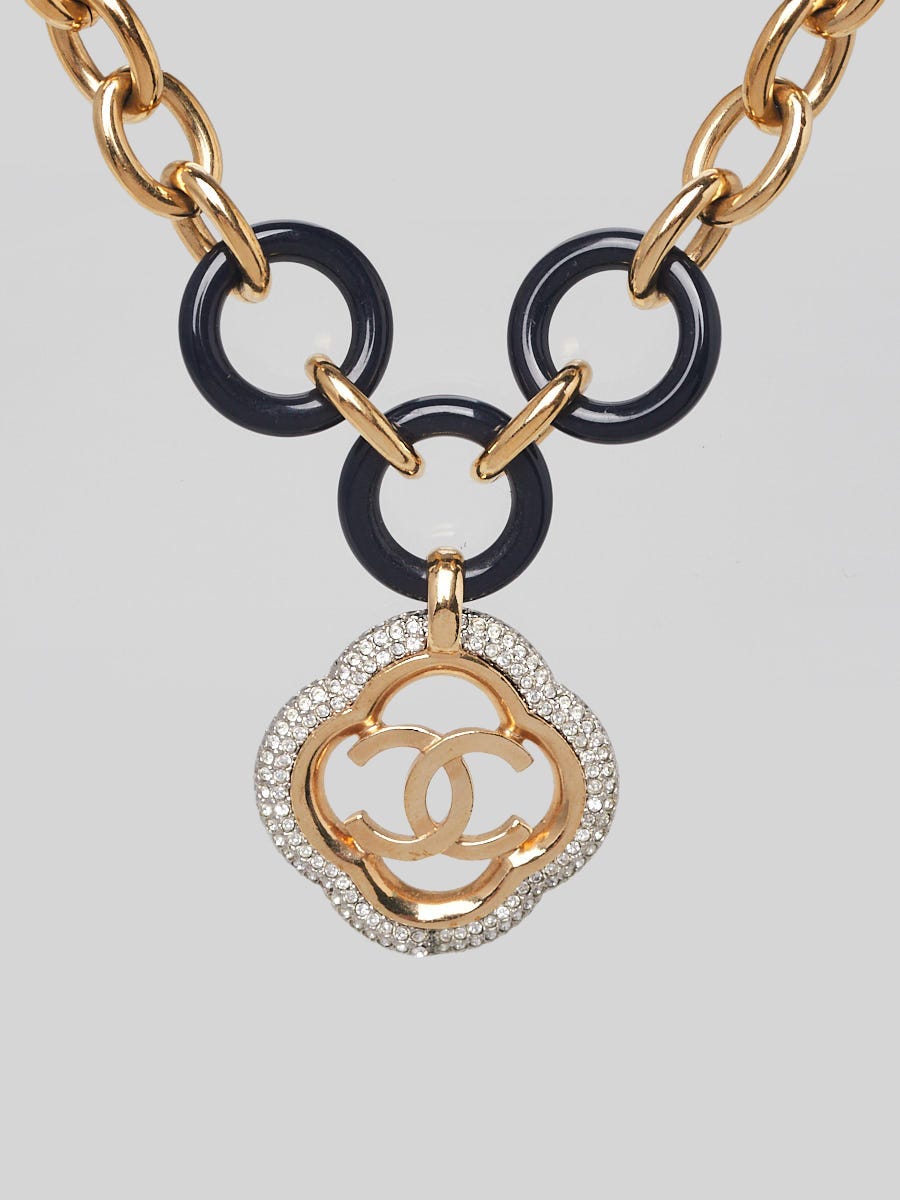 Chanel Gold Metal Resin Crystal Camellia CC Pendant Necklace