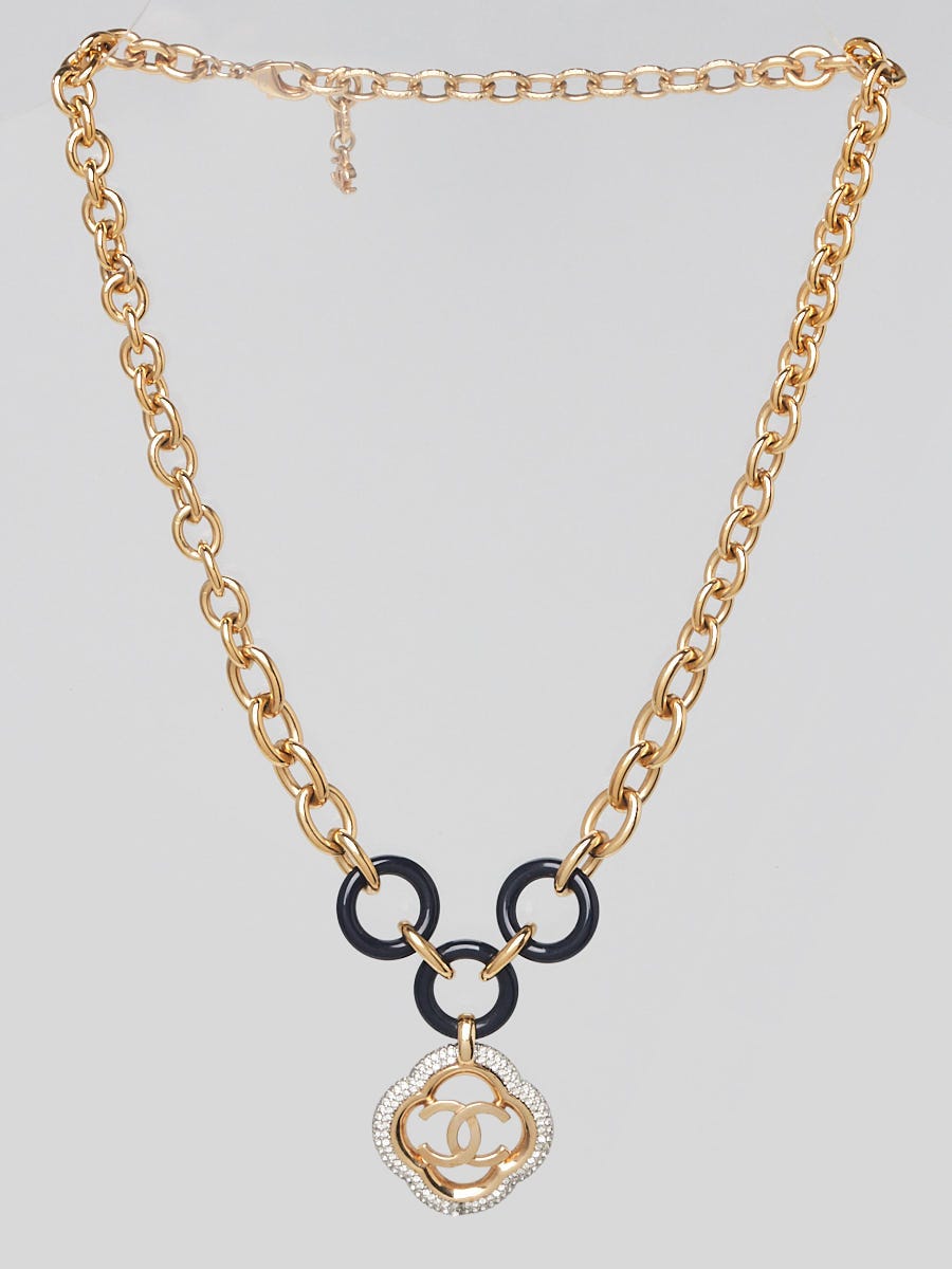 Chanel Gold Metal Resin Crystal Camellia CC Pendant Necklace