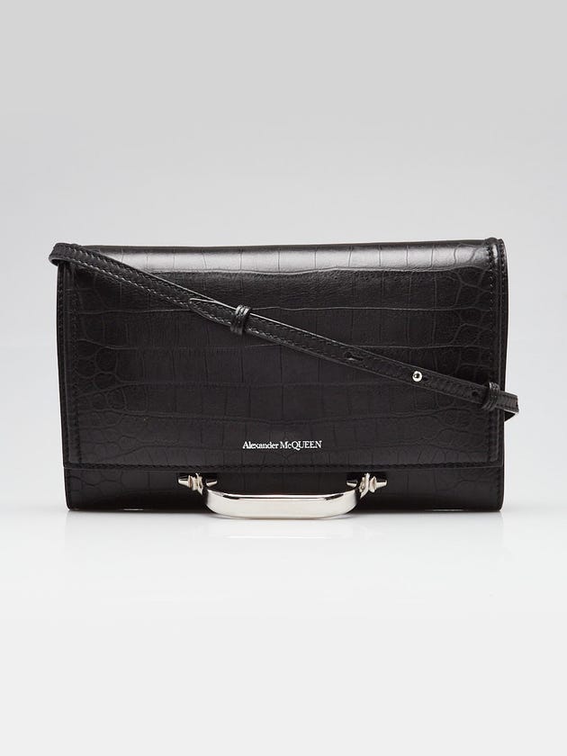 Alexander McQueen Black Croc Embossed Leather The Story Crossbody Bag