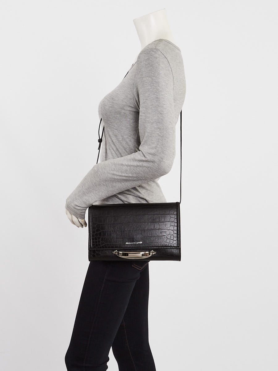 Alexander McQueen Black Croc Embossed Leather The Story Crossbody Bag