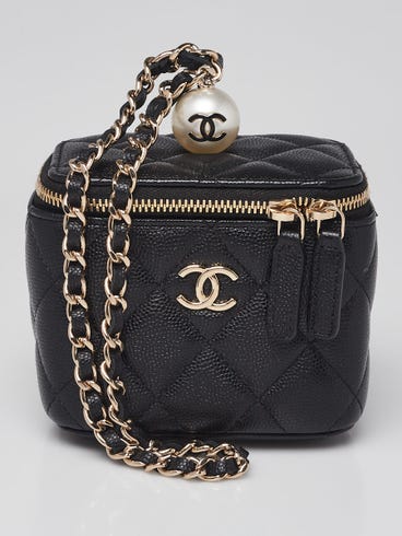 Chanel Black Quilted Caviar Leather Pearl Mini Vanity O-Case with Chain Bag