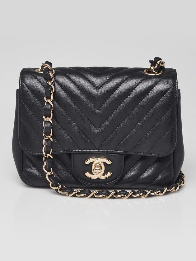 Chanel Black Chevron Quilted Lambskin Leather Classic Mini Square Flap Bag