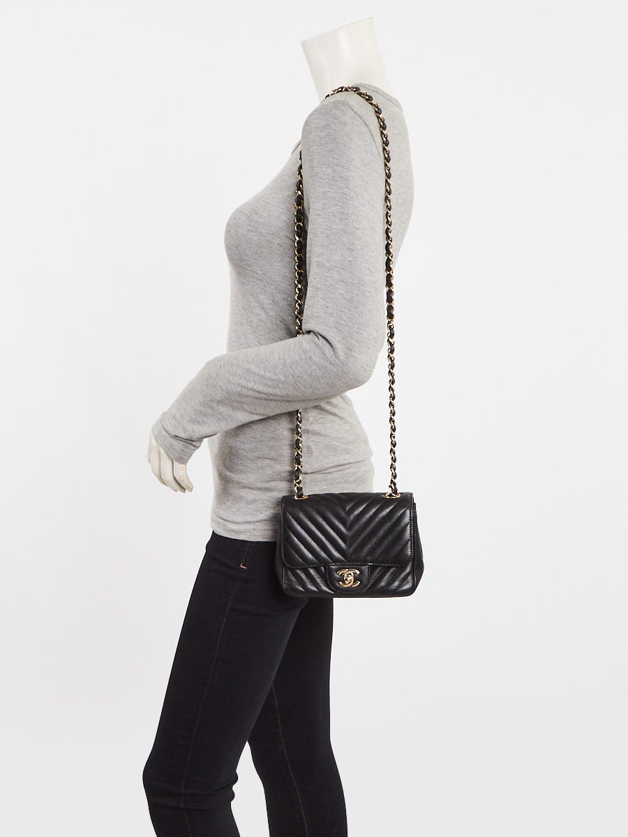 Chanel Black Chevron Quilted Lambskin Leather Classic Mini Square Flap Bag