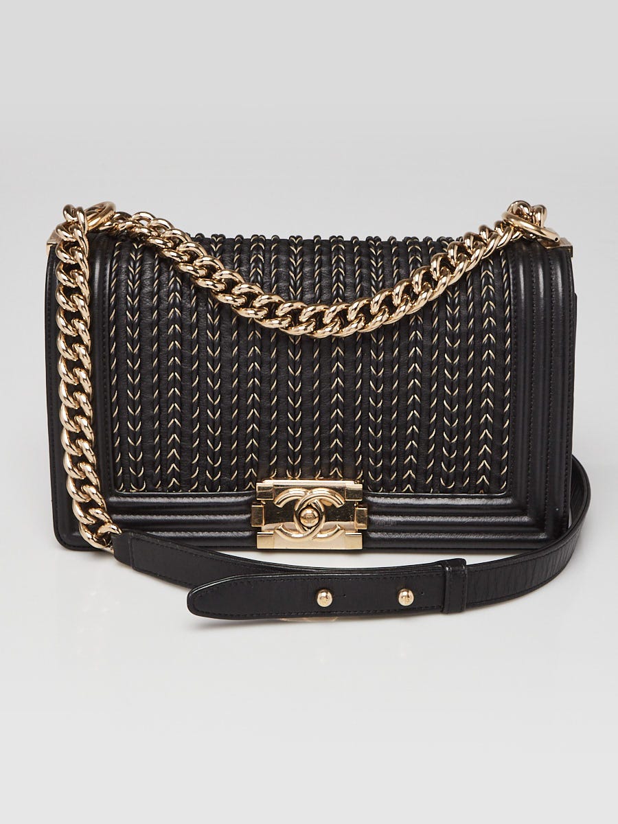 Chanel Black Braided Lambskin Leather Medium Boy Bag