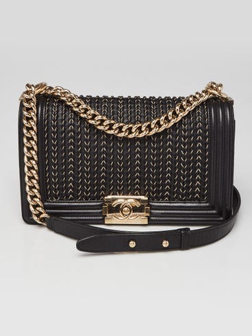 Chanel Black Braided Lambskin Leather Medium Boy Bag