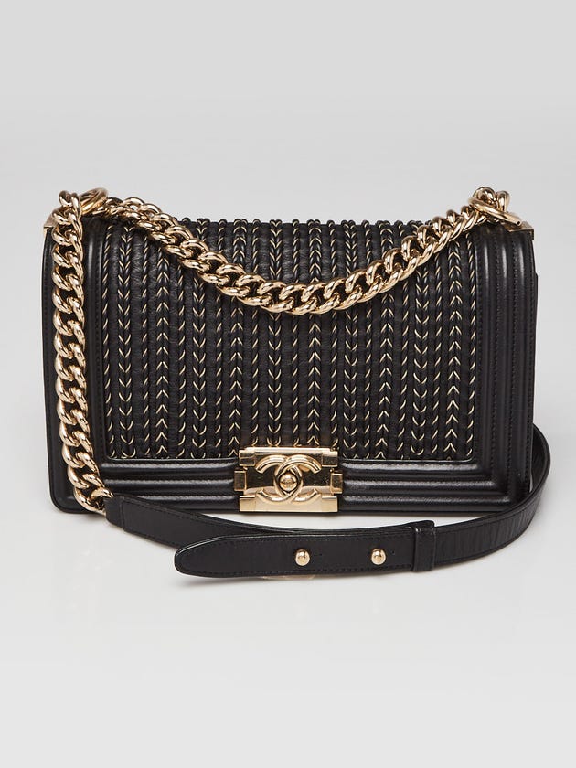 Chanel Black Braided Lambskin Leather Medium Boy Bag
