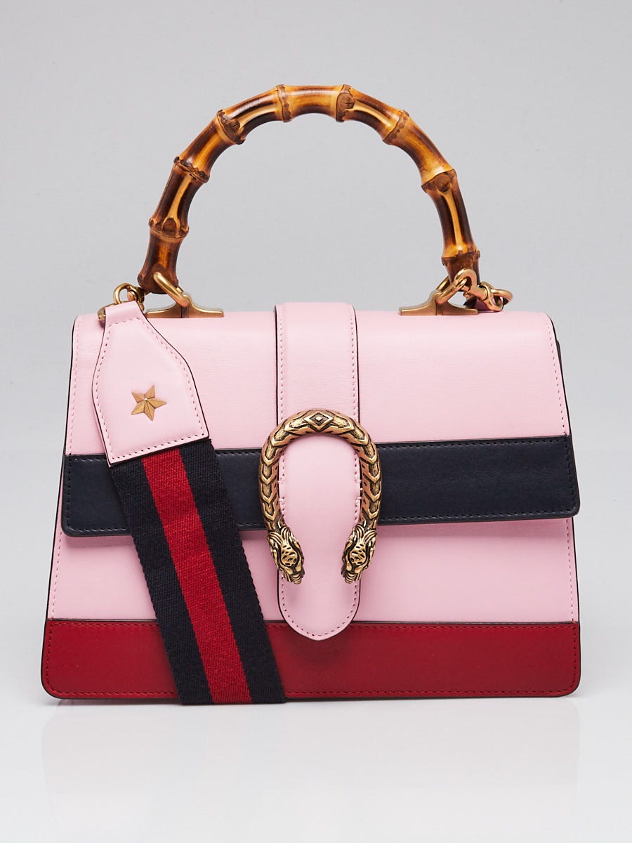 Gucci Pink/Blue/Red Striped Leather Bamboo Top Handle Medium Dionysus Bag