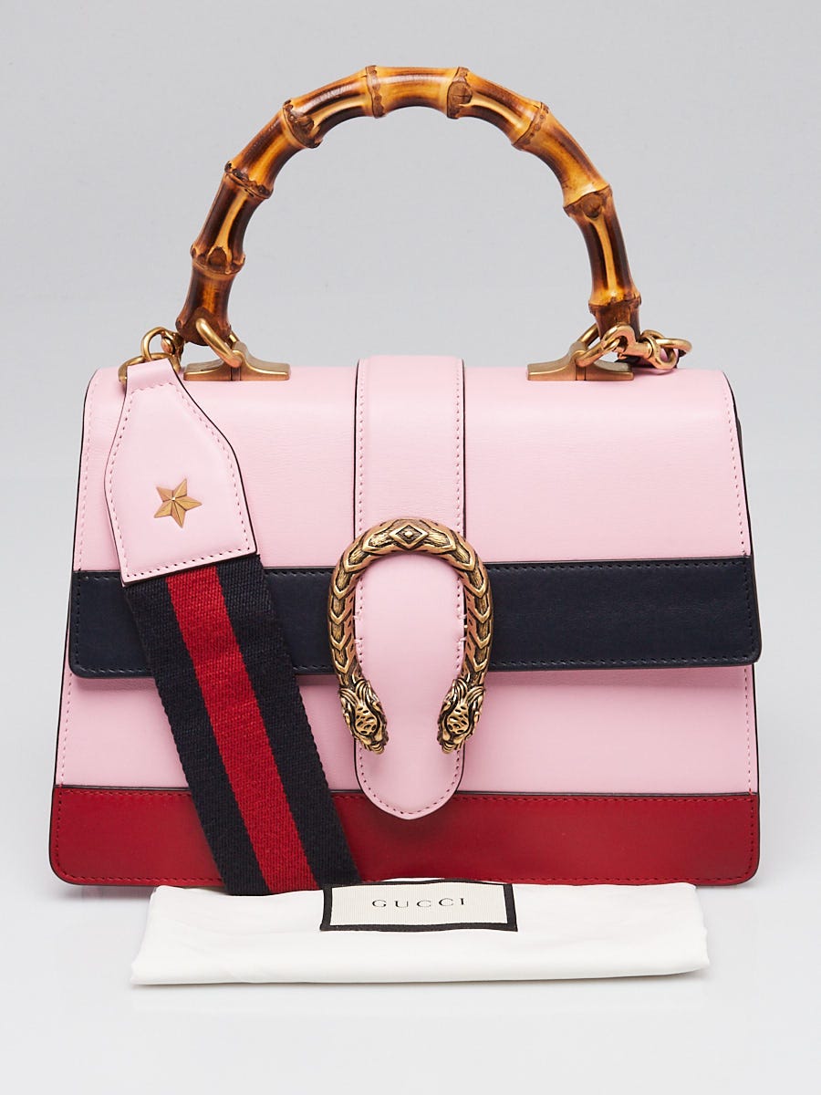 Gucci Pink/Blue/Red Striped Leather Bamboo Top Handle Medium