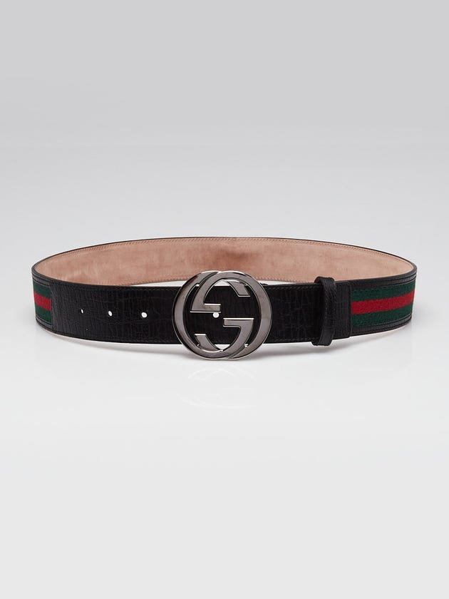 Gucci Black Leather Vintage Web Interlocking G Buckle Belt Size 85/34