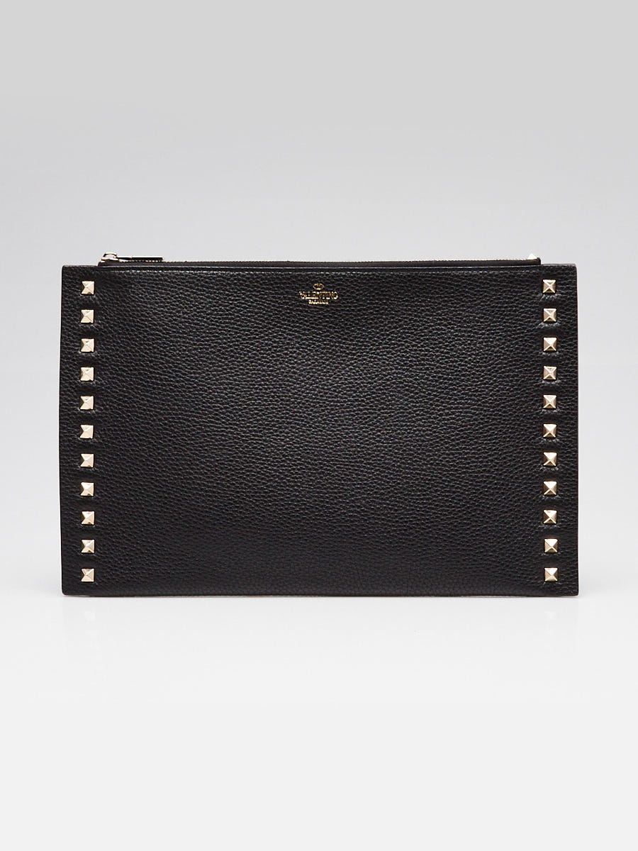 Valentino Black Pebbled Leather Large Rockstud Flat Pouch Bag