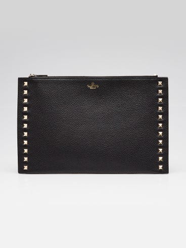 Valentino Black Pebbled Leather Large Rockstud Flat Pouch Bag