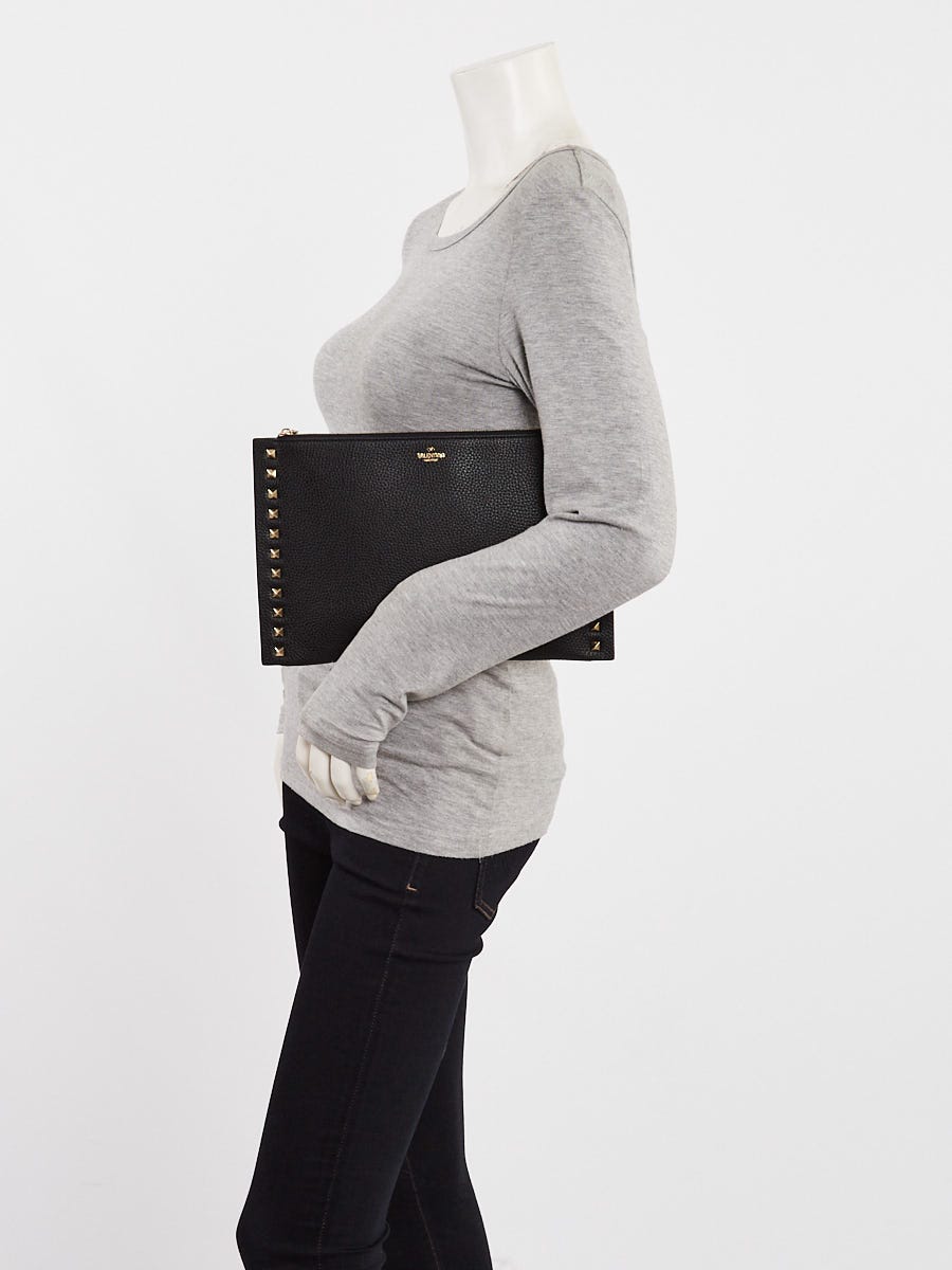 Valentino Black Pebbled Leather Large Rockstud Flat Pouch Bag