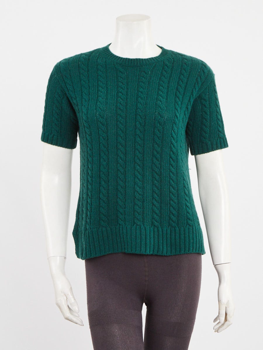 Prada Green Cable Knit Wool Short Sleeve Sweater Size 4/38