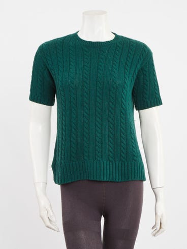Prada Green Cable Knit Wool Short Sleeve Sweater Size 4/38