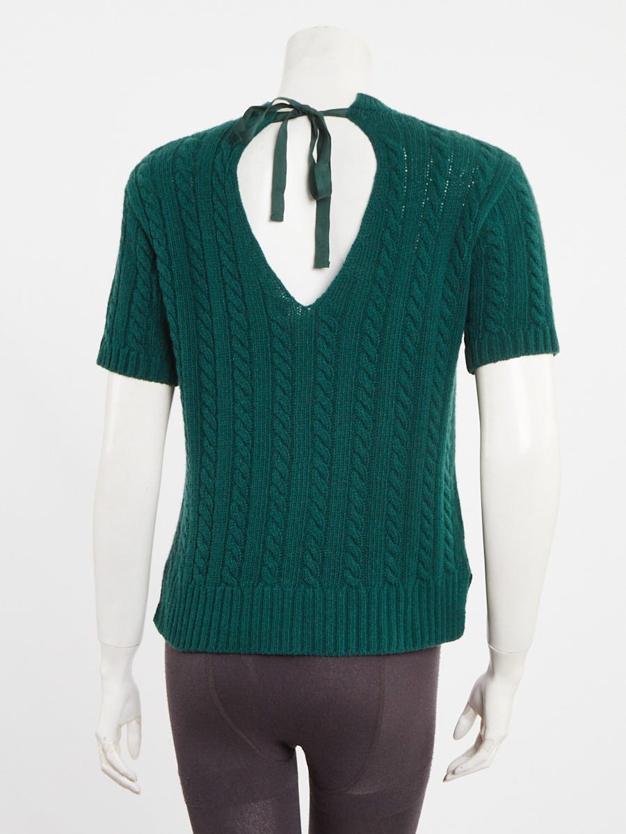 Prada Green Cable Knit Wool Short Sleeve Sweater Size 4/38