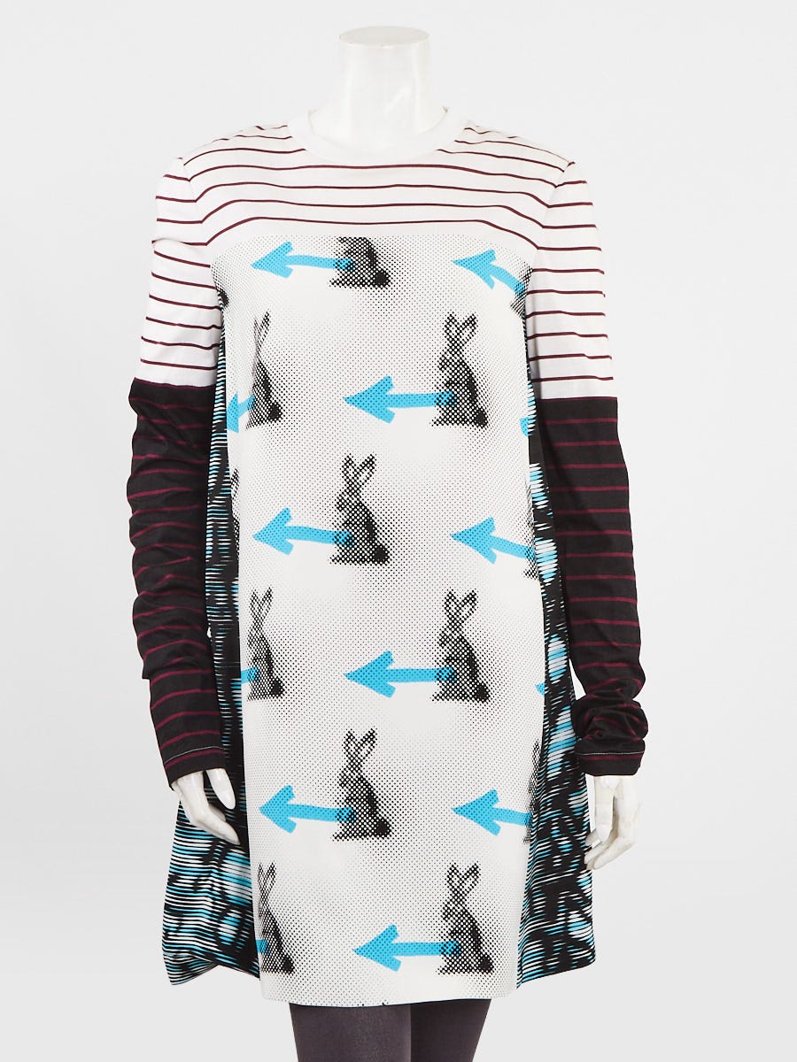 Prada White/Multicolor Striped Bunny Print Long Sleeve Dress Size 8/42