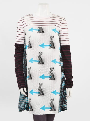 Prada White/Multicolor Striped Bunny Print Long Sleeve Dress Size 8/42