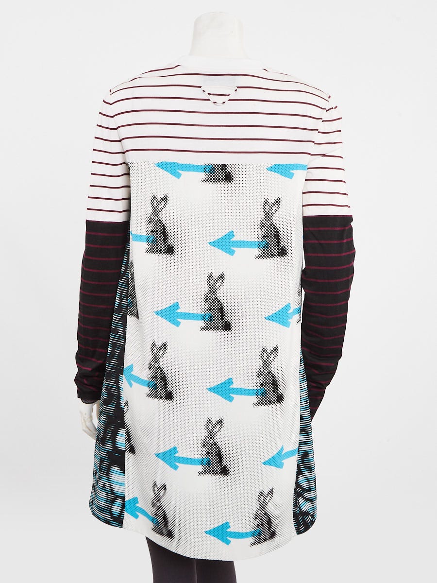 Prada White/Multicolor Striped Bunny Print Long Sleeve Dress Size 8/42