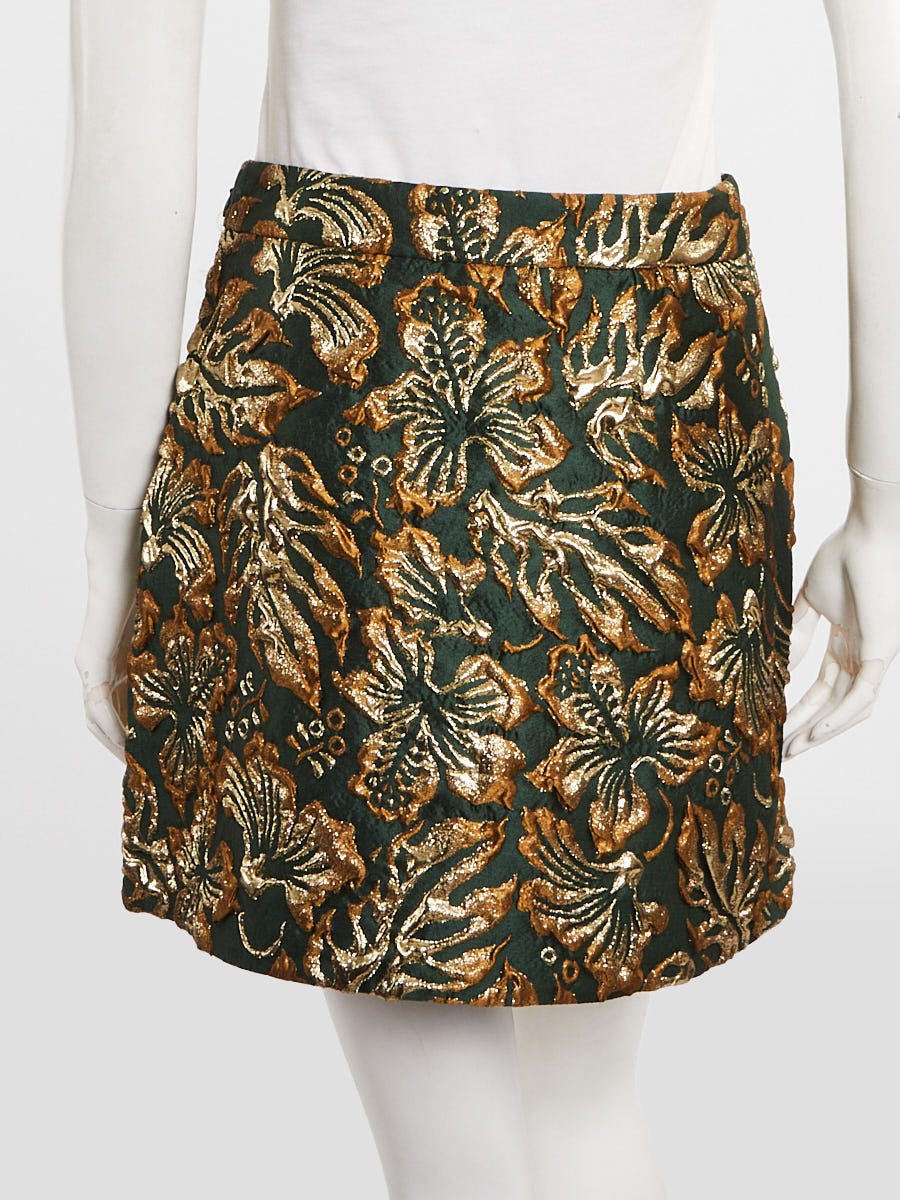 Prada Green/Gold Polyester Brocade Floral Mini Skirt Size 6/40