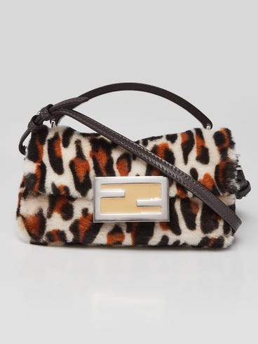 Fendi White/Brown/Black Leopard Print Calf Hair Baguette Crossbody Phone Bag 7AS142