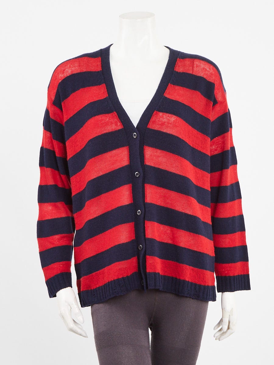Prada Blue/Red Wool/Cashmere Striped Button Up Distressed Cardigan Size 8/42 