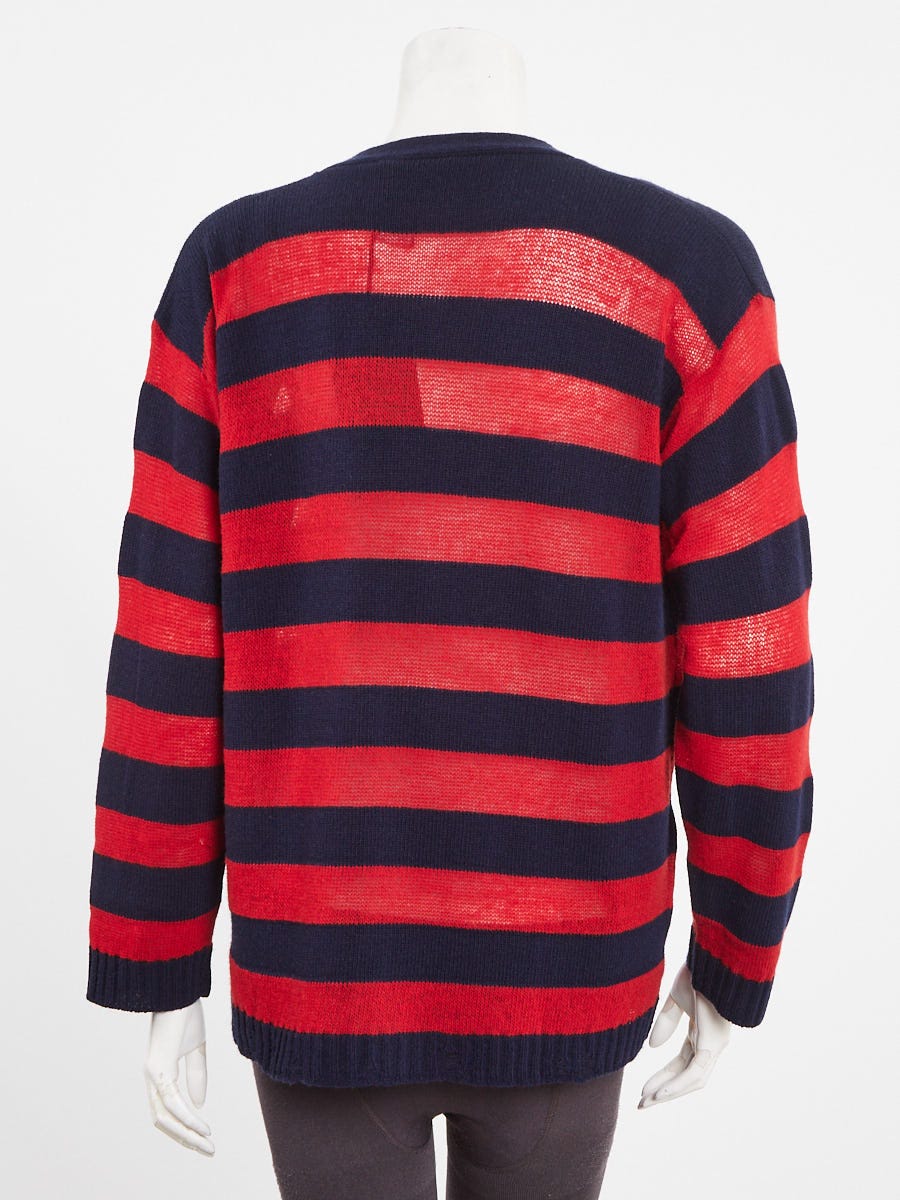 Prada Blue/Red Wool/Cashmere Striped Button Up Distressed Cardigan Size 8/42 