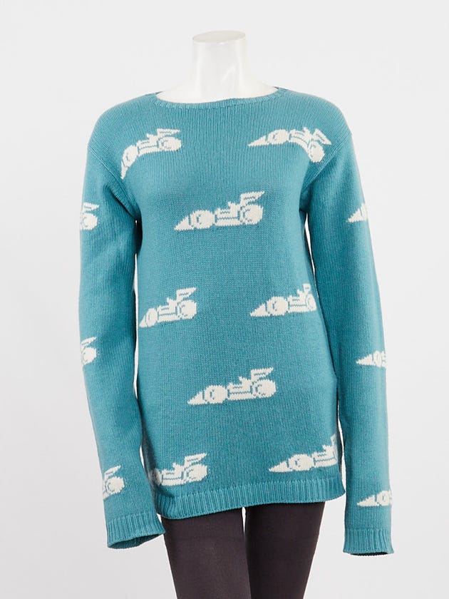 Prada Green/White Wool/Cashmere Knit Race Car Sweater Size 8/42