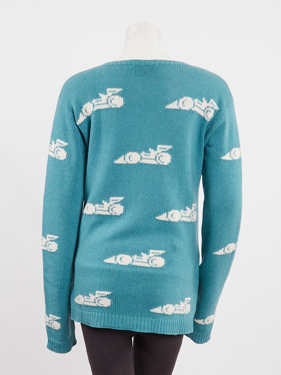 Prada Green/White Wool/Cashmere Knit Race Car Sweater Size 8/42