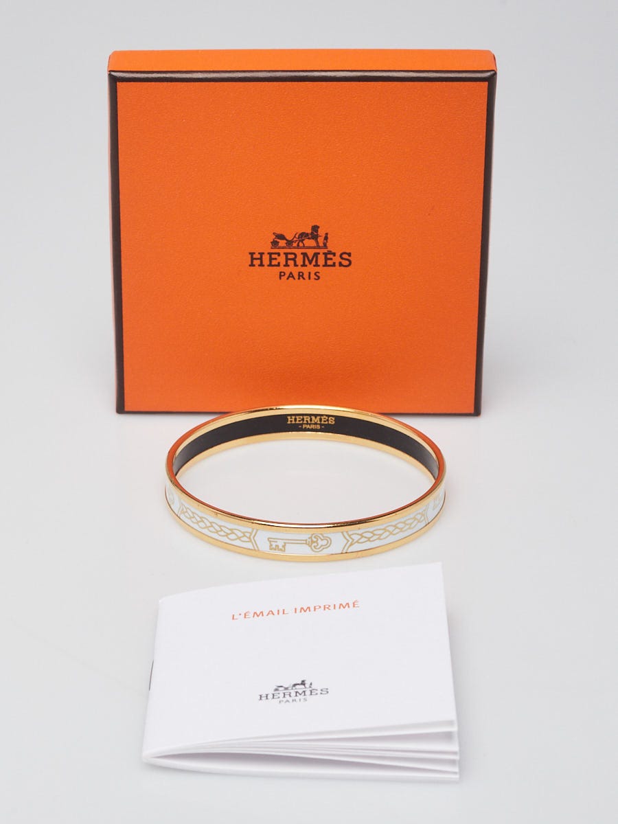 Hermes White/Gold Printed Enamel Gold Plated Narrow Bangle Bracelet