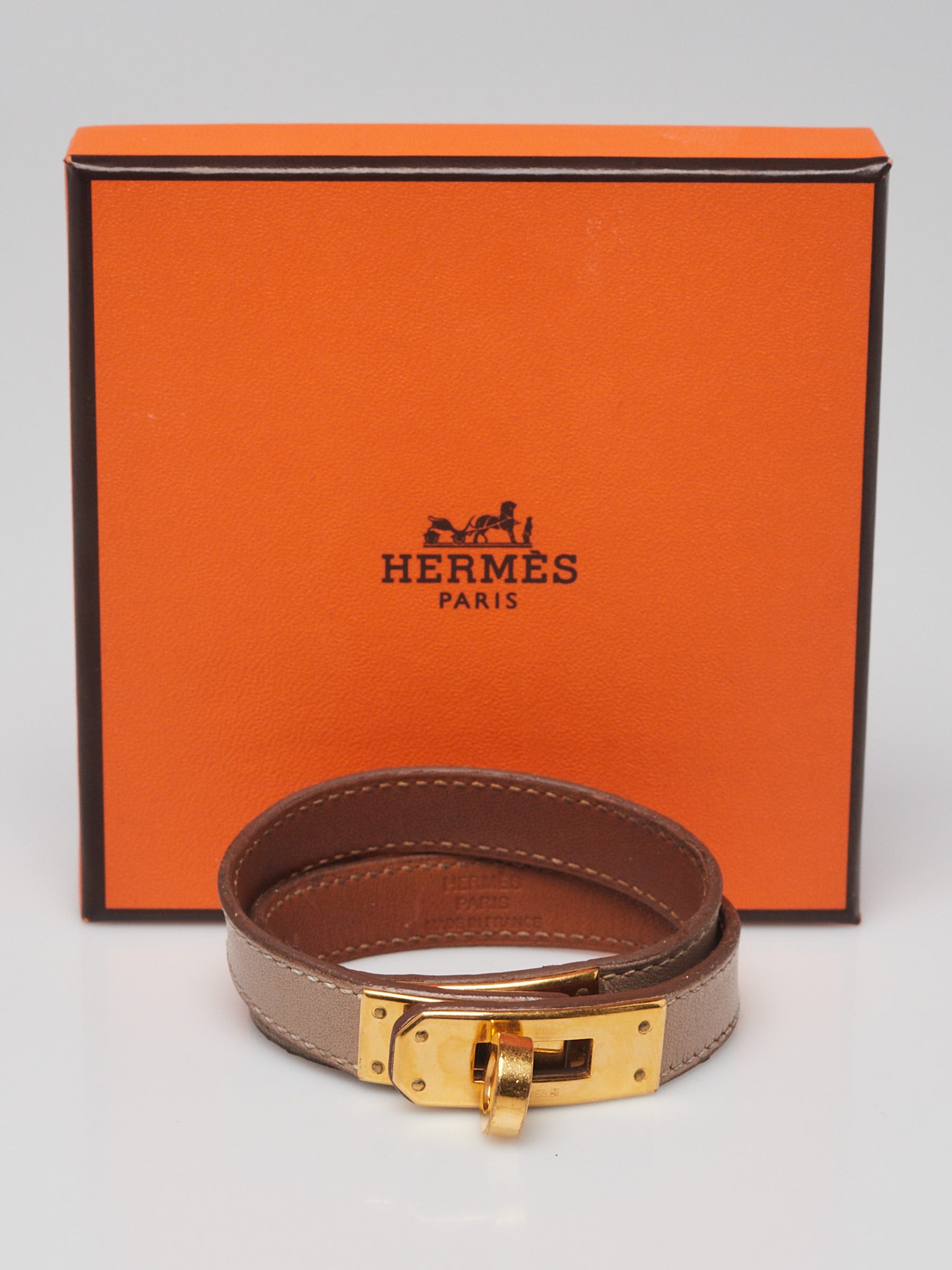 Hermes Argile Swift Leather Gold Plated Kelly Double Tour Bracelet Size S