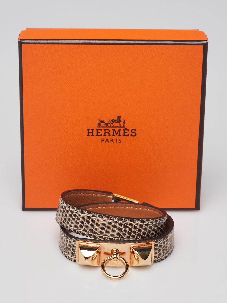 Hermes Ombre Lizard Gold Plated Rivale Double Tour Bracelet Size T1